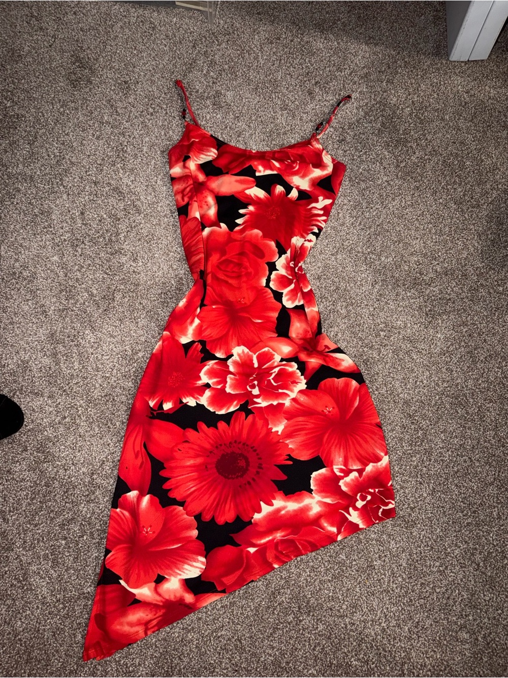 Michele Red Floral Asymmetrical Slip Dress